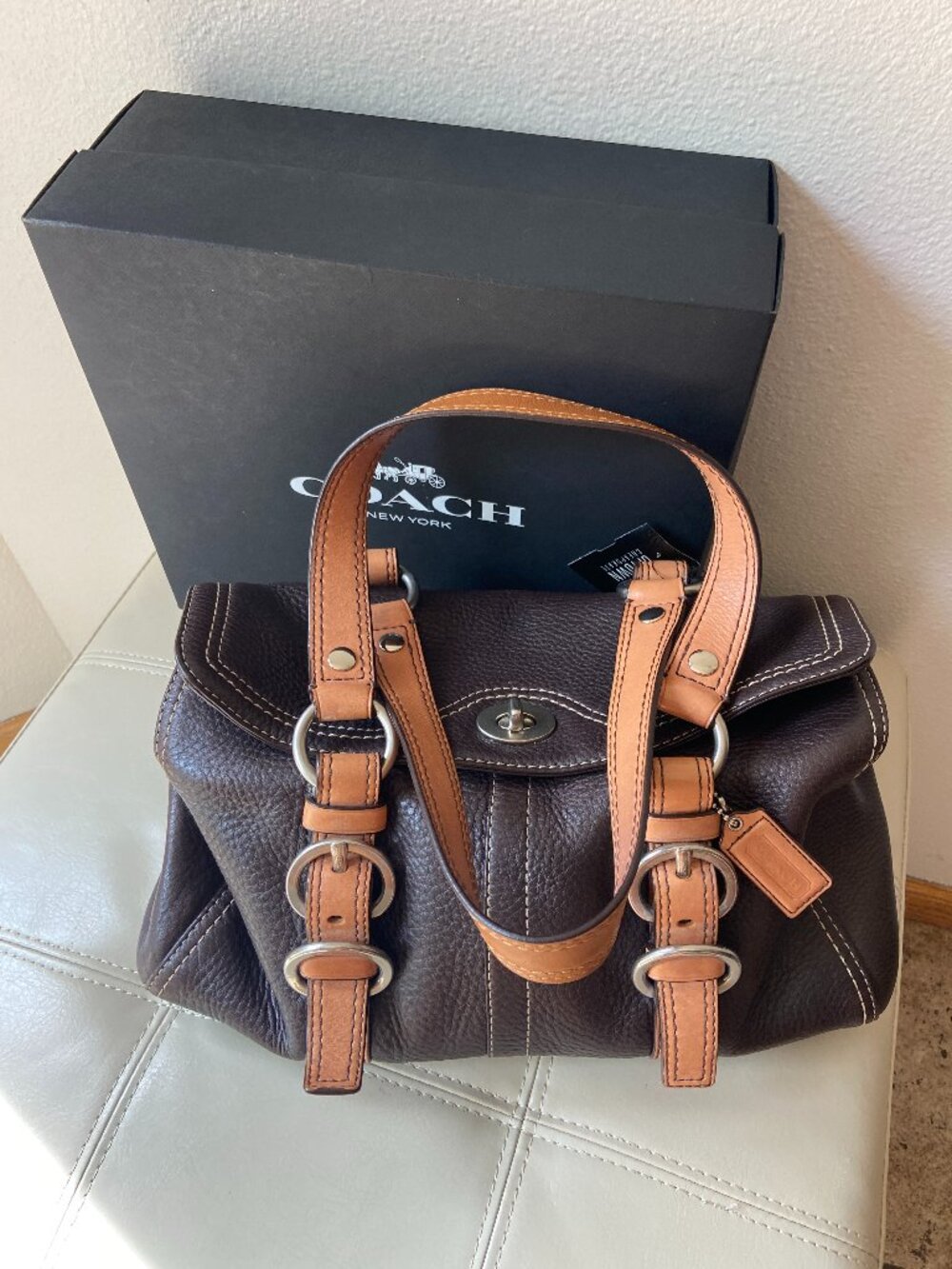 Vintage Y2K Coach Chelsea Pebbled Brown/Tan Leather Turnlock Satchel Bag F12334